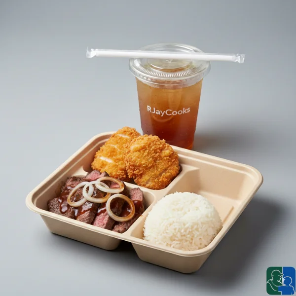 Beefsteak-and-Chicken-cutlets-with-rice-and-drinks