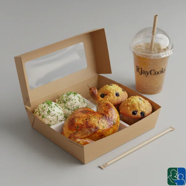 Quartered-Cut-Roasted-Chicken-with-Muffins-and-Potato-Salad